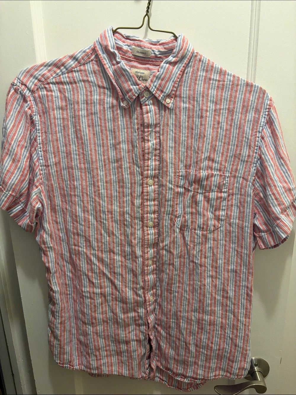 J. Crew Red, Blue & White Vertical Stripe Short-Sleeve Button-Down Shirt